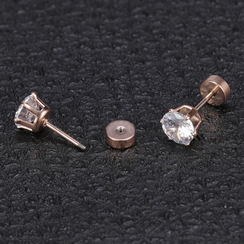 Rose Gold Screw Back Stud Earrings Cartilage Helix 6MM Cubic Zirconia Ear Studs