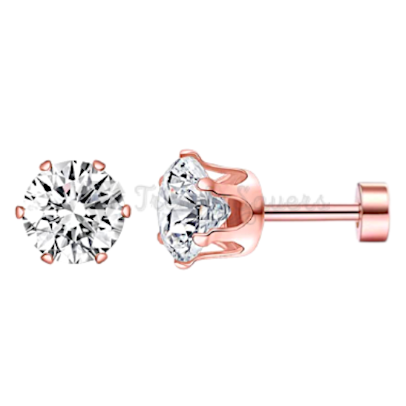 Rose Gold Screw Back Stud Earrings Cartilage Helix 6MM Cubic Zirconia Ear Studs