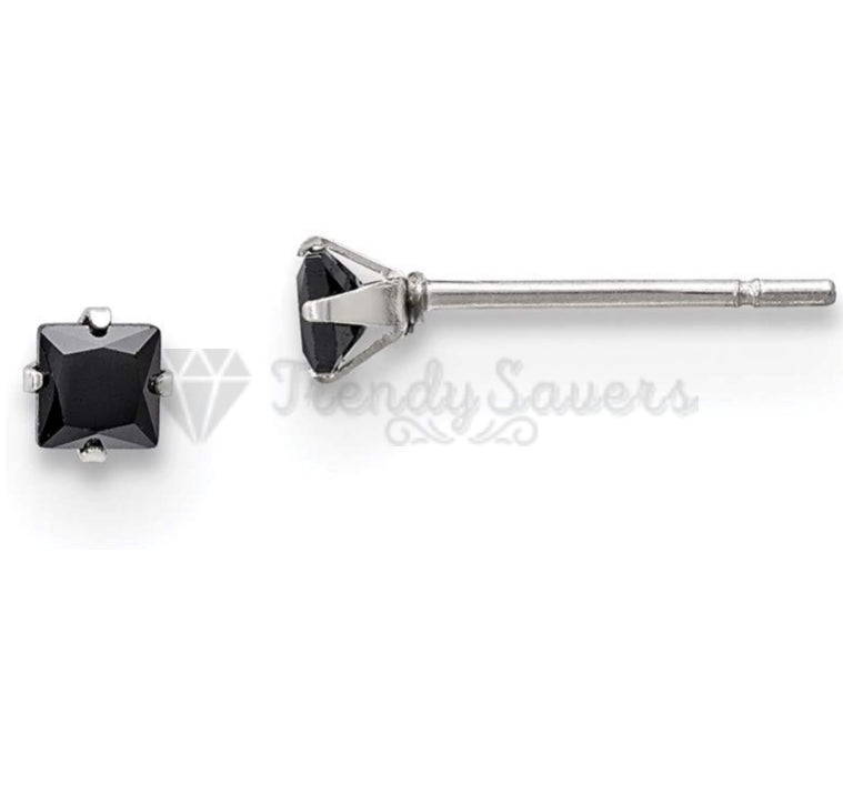 4MM Simple Black Polished Square Shaped CZ Stud Earrings Unisex Fashion Jewelry