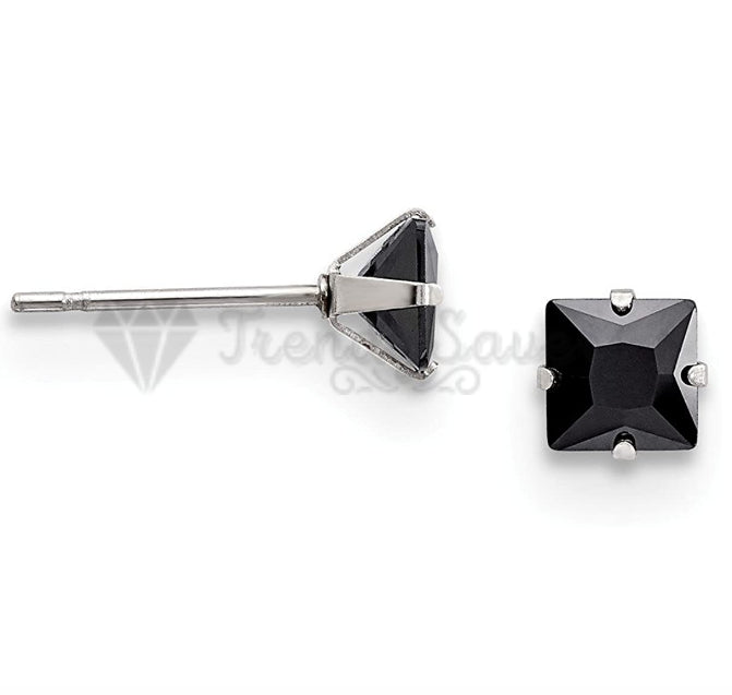4MM Simple Black Polished Square Shaped CZ Stud Earrings Unisex Fashion Jewelry