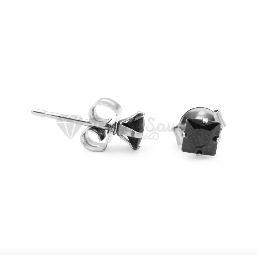 4MM Simple Black Polished Square Shaped CZ Stud Earrings Unisex Fashion Jewelry
