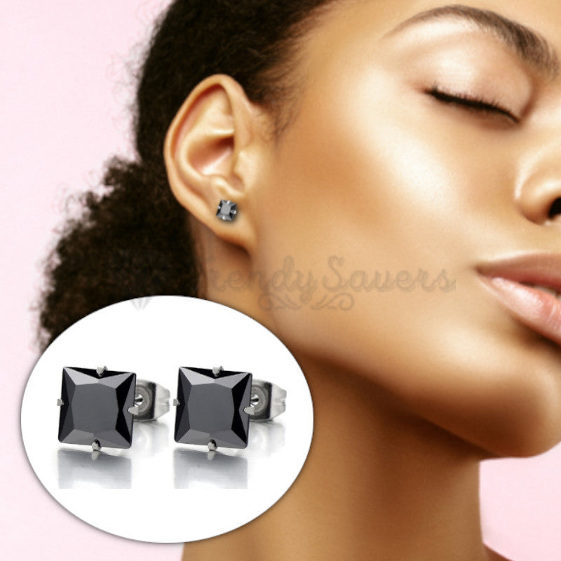 6MM Solid 925 Sterling Silver Princess Cut AAA Zircon Black Square Stud Earrings