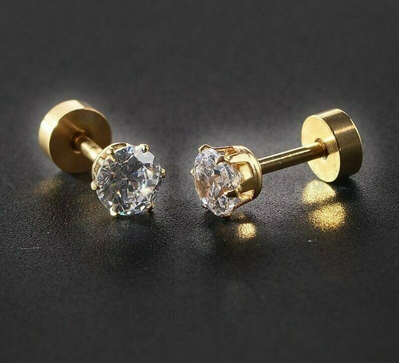 7MM Pair Elegant Gold Plated Cartilage Solitaire CZ Cubic Zirconia Stud Earrings