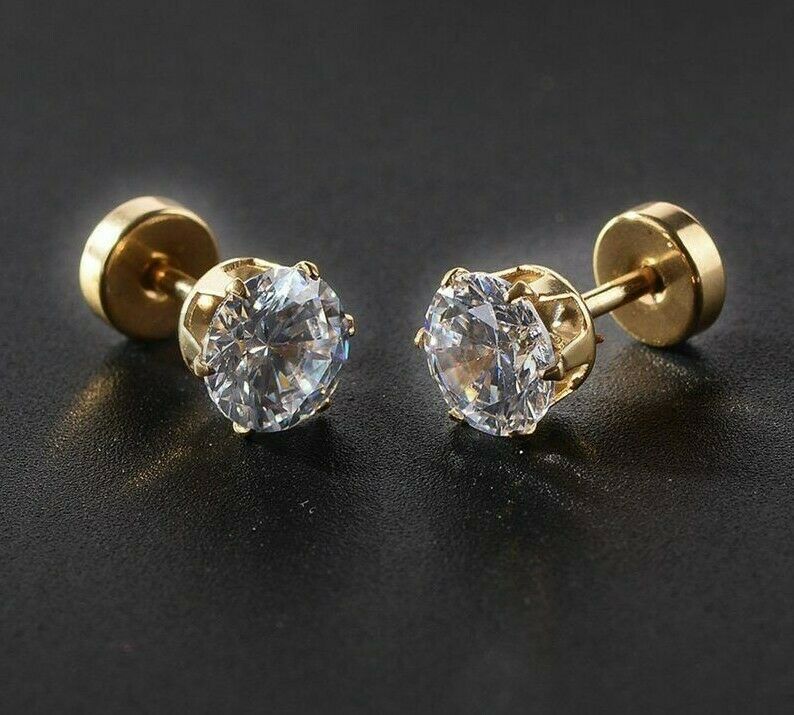 7MM Pair Elegant Gold Plated Cartilage Solitaire CZ Cubic Zirconia Stud Earrings