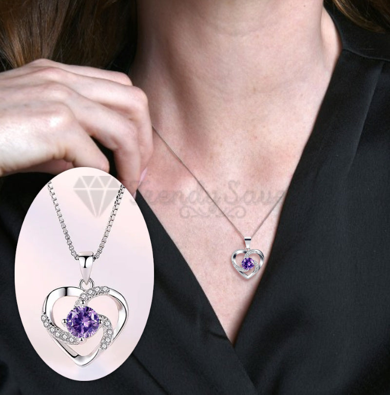 Solid Sterling Silver Cubic Zirconia Purple Crystal Pendant Heart Charm Necklace