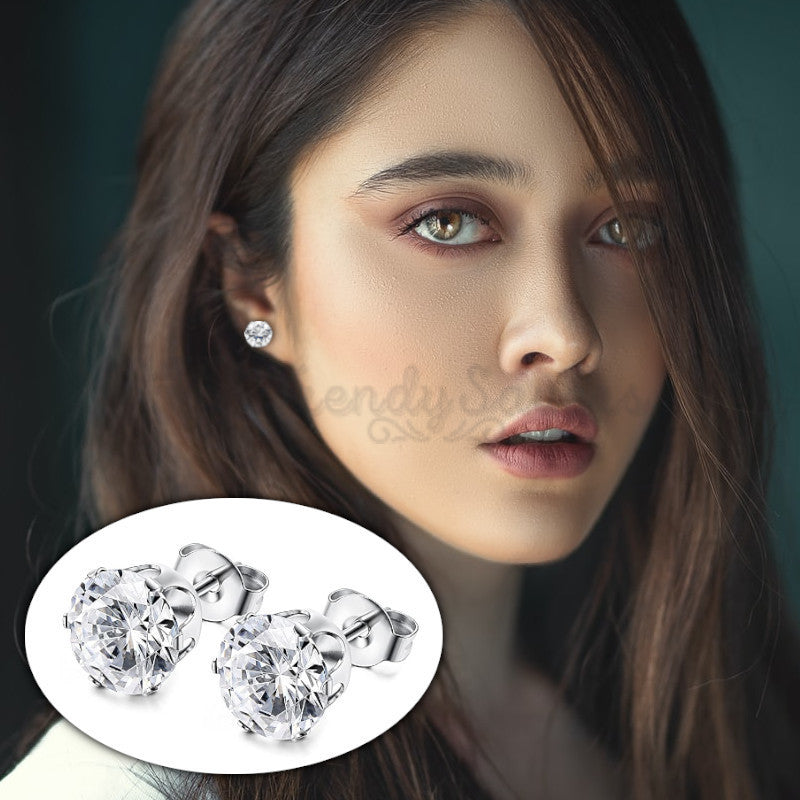 Women Men Hypoallergenic Round Zircon Crystal Silver Stud Fashion Earrings 9MM