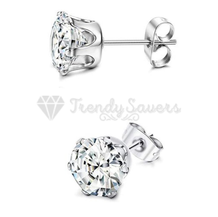 Women Men Hypoallergenic Round Zircon Crystal Silver Stud Fashion Earrings 9MM