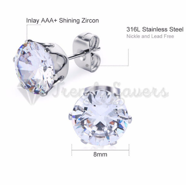 Women Men Hypoallergenic Round Zircon Crystal Silver Stud Fashion Earrings 9MM