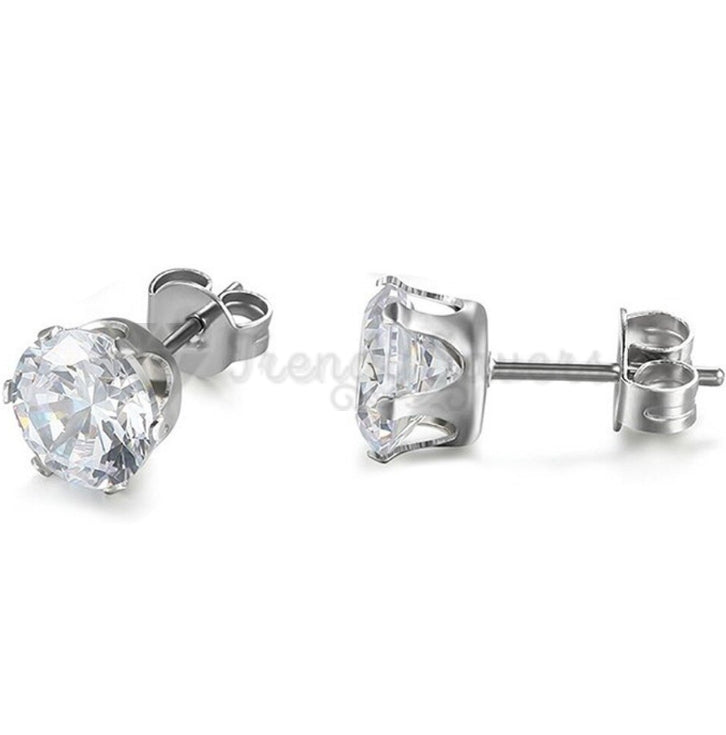 Women Men Hypoallergenic Round Zircon Crystal Silver Stud Fashion Earrings 9MM