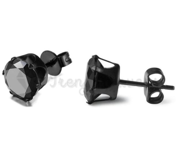 Men Women Round Black Cubic Zirconia Surgical Steel Stud Fashion Earrings 7MM