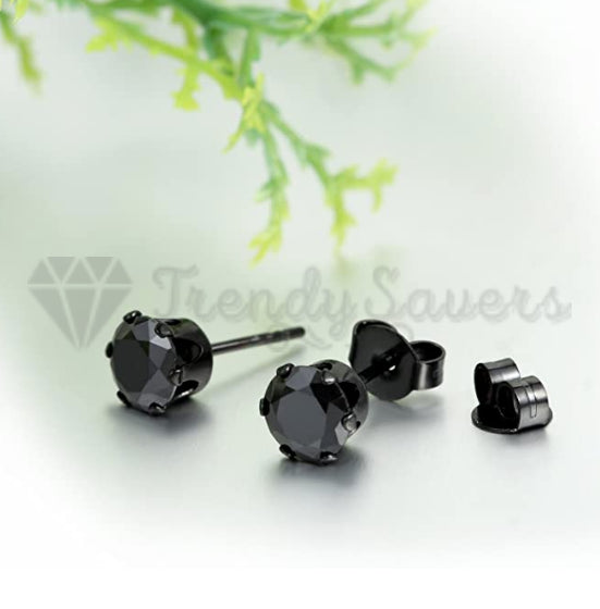 Men Women Round Black Cubic Zirconia Surgical Steel Stud Fashion Earrings 7MM