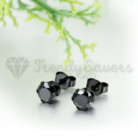Men Women Round Black Cubic Zirconia Surgical Steel Stud Fashion Earrings 7MM