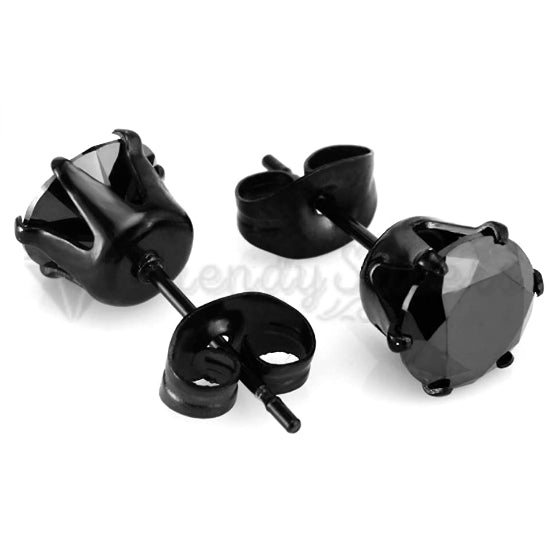 Men Women Round Black Cubic Zirconia Surgical Steel Stud Fashion Earrings 7MM