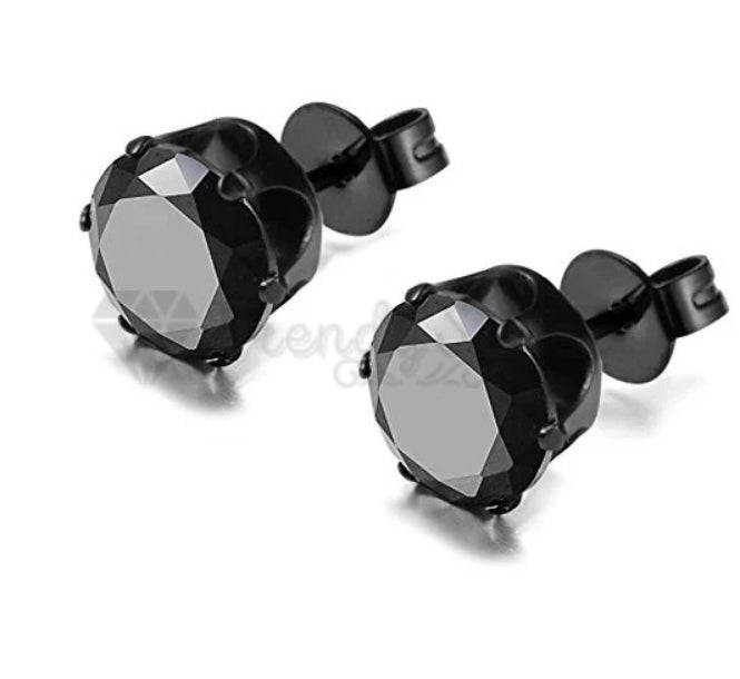 Men Women Round Black Cubic Zirconia Surgical Steel Stud Fashion Earrings 7MM