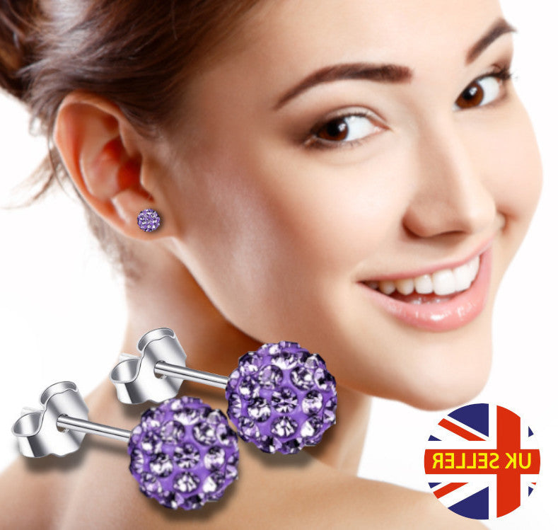 8MM 925 Sterling Silver Purple Faux Diamond Crystal Balls Stud Fashion Earrings
