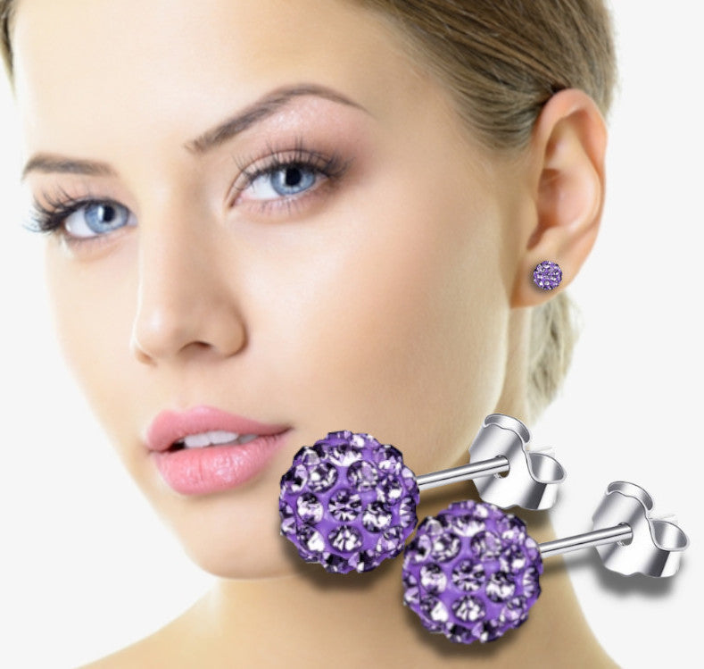 8MM 925 Sterling Silver Purple Faux Diamond Crystal Balls Stud Fashion Earrings