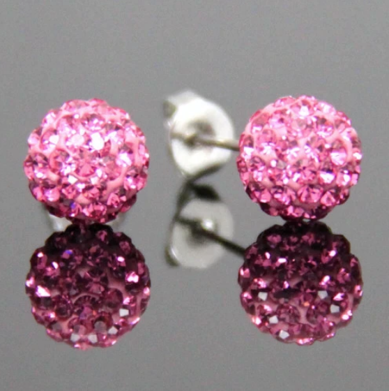 Pretty Pink Glitter Bling Ball Crystal Stud Earrings 925 Sterling Silver 8MM