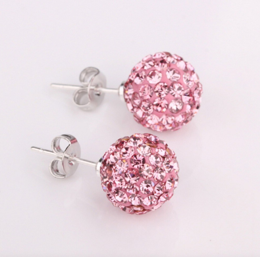 Pretty Pink Glitter Bling Ball Crystal Stud Earrings 925 Sterling Silver 8MM