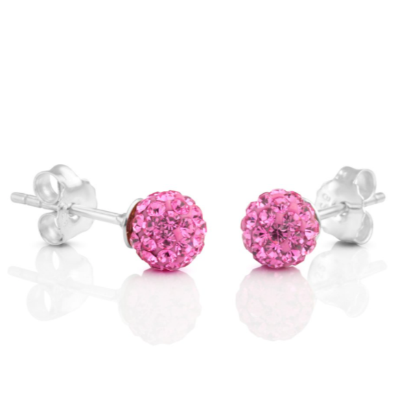 Pretty Pink Glitter Bling Ball Crystal Stud Earrings 925 Sterling Silver 8MM