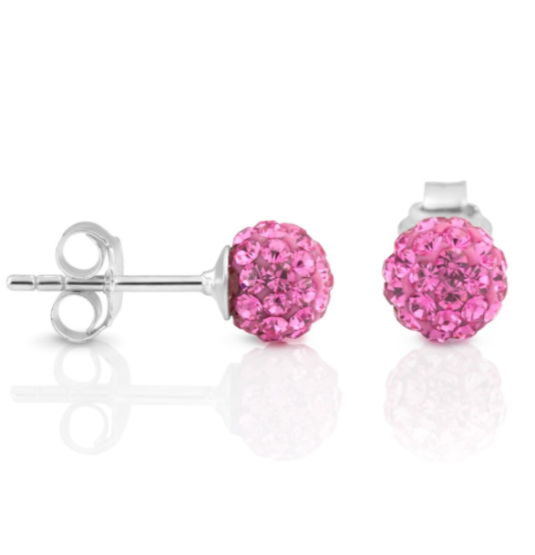 Pretty Pink Glitter Bling Ball Crystal Stud Earrings 925 Sterling Silver 8MM