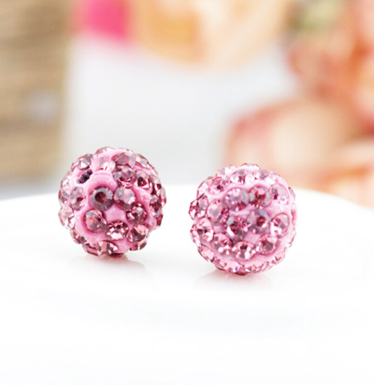 Pretty Pink Glitter Bling Ball Crystal Stud Earrings 925 Sterling Silver 8MM