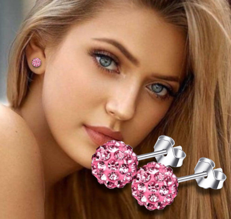 Pretty Pink Glitter Bling Ball Crystal Stud Earrings 925 Sterling Silver 8MM