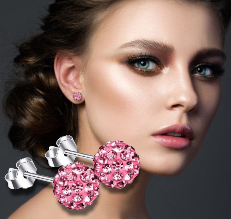 Pretty Pink Glitter Bling Ball Crystal Stud Earrings 925 Sterling Silver 8MM