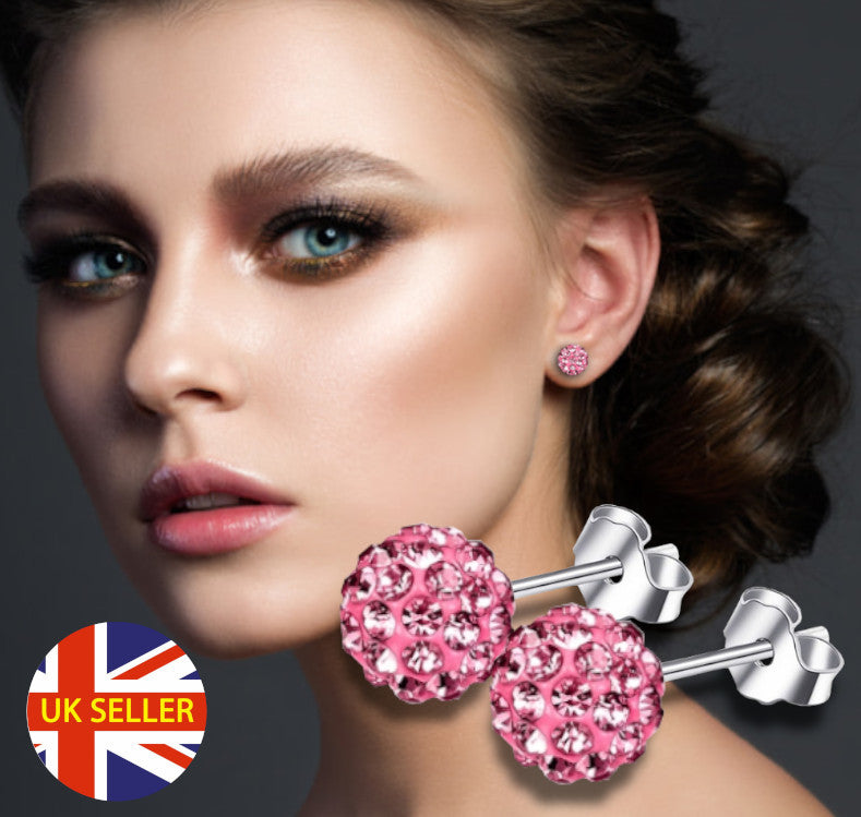 Pretty Pink Glitter Bling Ball Crystal Stud Earrings 925 Sterling Silver 8MM