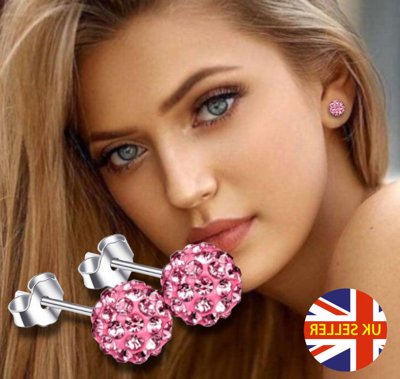 Pretty Pink Glitter Bling Ball Crystal Stud Earrings 925 Sterling Silver 8MM
