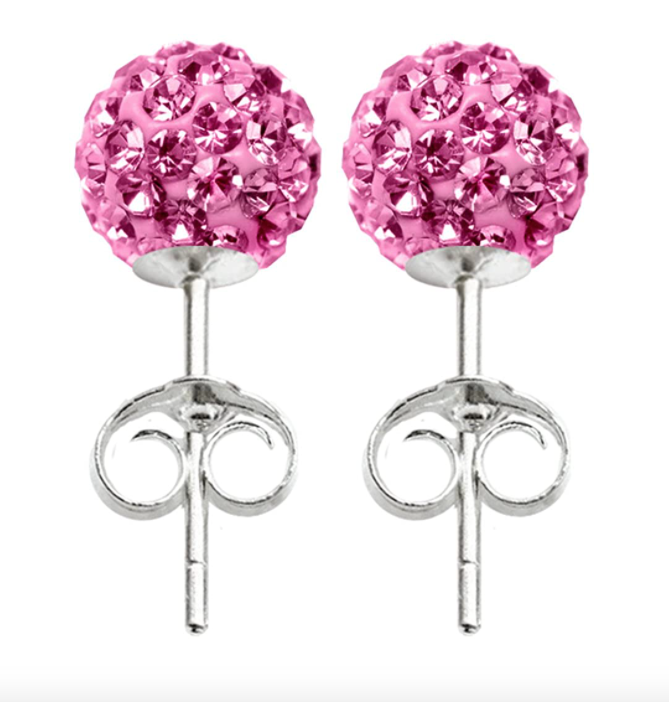 Pretty Pink Glitter Bling Ball Crystal Stud Earrings 925 Sterling Silver 8MM