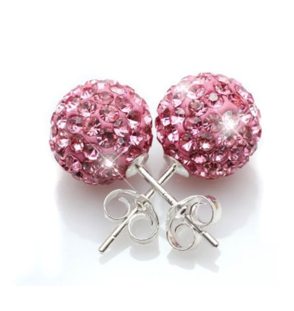 Pretty Pink Glitter Bling Ball Crystal Stud Earrings 925 Sterling Silver 8MM