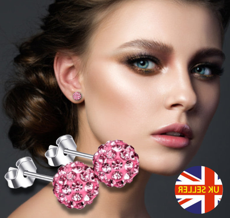Pretty Pink Glitter Bling Ball Crystal Stud Earrings 925 Sterling Silver 8MM