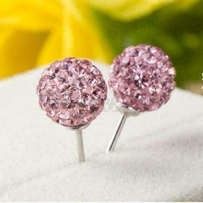 Pretty Pink Glitter Bling Ball Crystal Stud Earrings 925 Sterling Silver 8MM