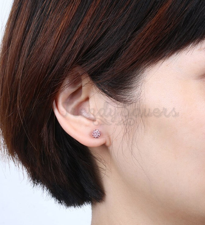 Pretty Pink Glitter Bling Ball Crystal Stud Earrings 925 Sterling Silver 8MM