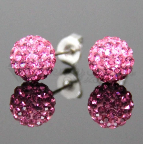 Pretty Pink Glitter Bling Ball Crystal Stud Earrings 925 Sterling Silver 8MM