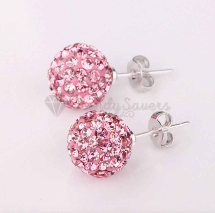 Pretty Pink Glitter Bling Ball Crystal Stud Earrings 925 Sterling Silver 8MM
