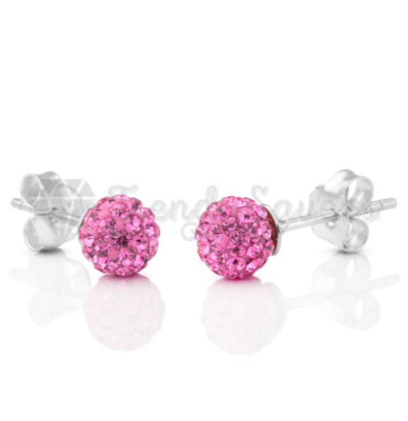 Pretty Pink Glitter Bling Ball Crystal Stud Earrings 925 Sterling Silver 8MM