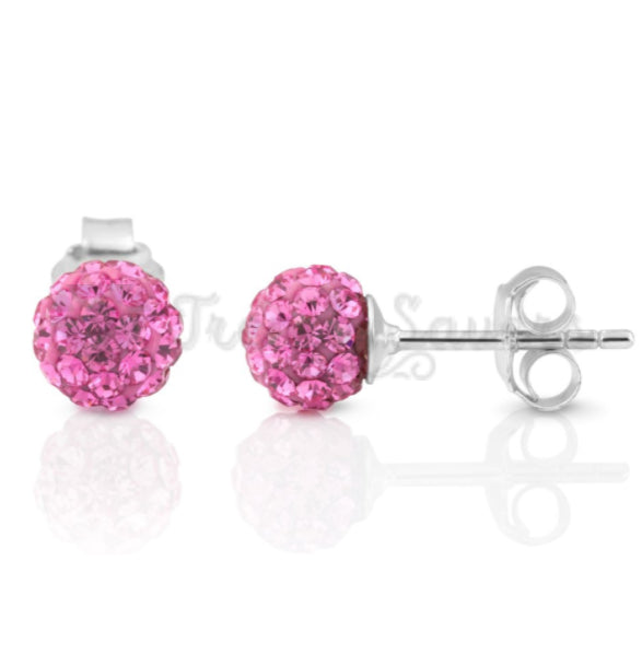 Pretty Pink Glitter Bling Ball Crystal Stud Earrings 925 Sterling Silver 8MM