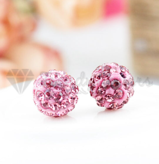 Pretty Pink Glitter Bling Ball Crystal Stud Earrings 925 Sterling Silver 8MM