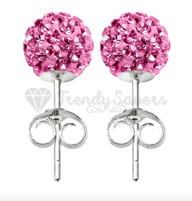 Pretty Pink Glitter Bling Ball Crystal Stud Earrings 925 Sterling Silver 8MM