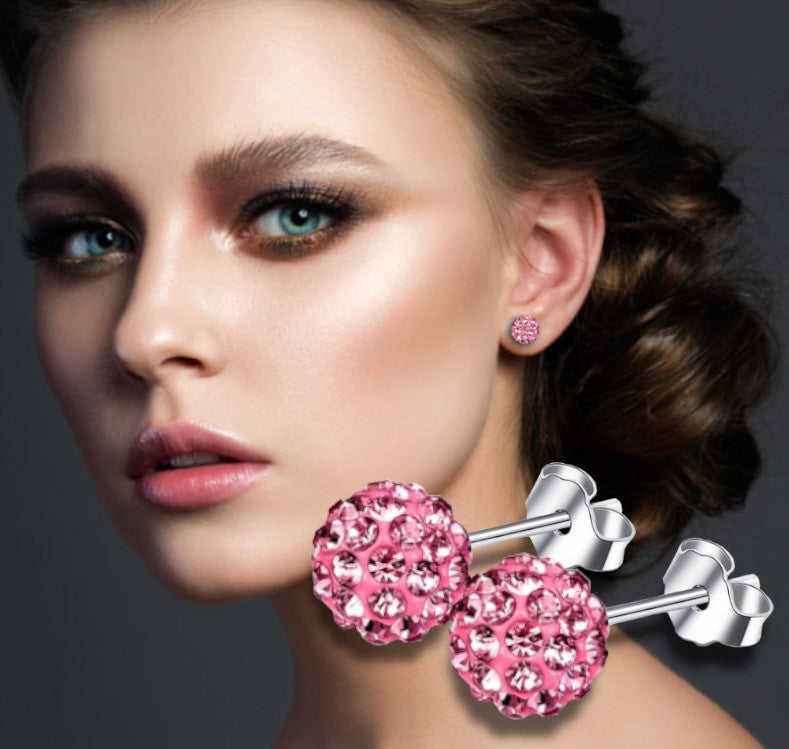 Pretty Pink Glitter Bling Ball Crystal Stud Earrings 925 Sterling Silver 8MM