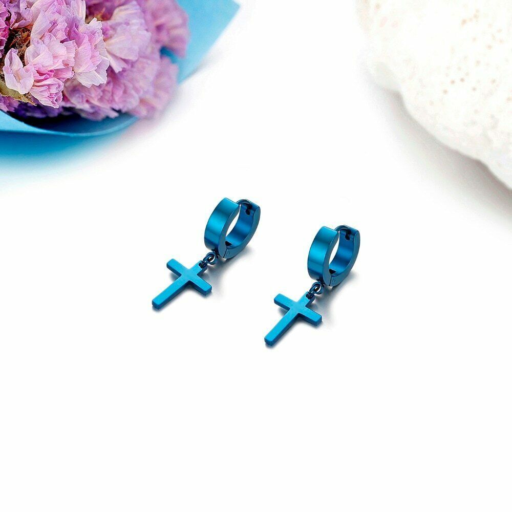 PAIR 316L Surgical Stainless Steel Blue Dangle Huggie Drop Dangle Hoop Earrings