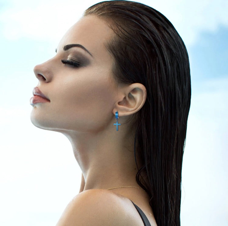 PAIR 316L Surgical Stainless Steel Blue Dangle Huggie Drop Dangle Hoop Earrings