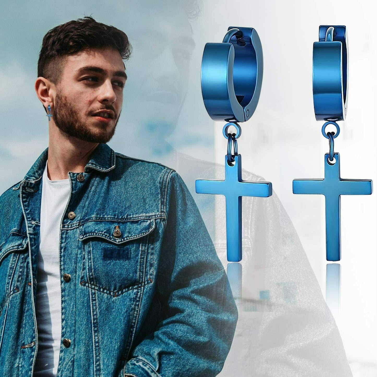 PAIR 316L Surgical Stainless Steel Blue Dangle Huggie Drop Dangle Hoop Earrings