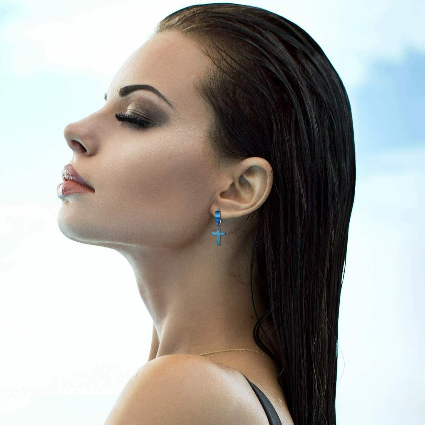 PAIR 316L Surgical Stainless Steel Blue Dangle Huggie Drop Dangle Hoop Earrings