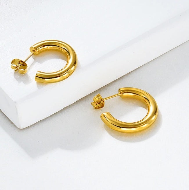 3CM Small Thick 14K Real Gold Plated Chunky Hypoallergenic Hoop Earrings 30MM