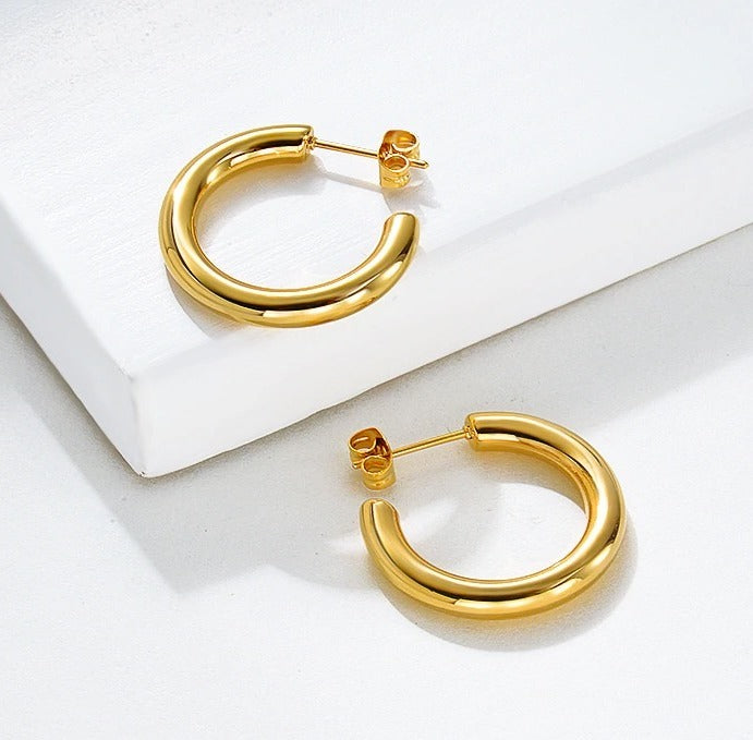 3CM Small Thick 14K Real Gold Plated Chunky Hypoallergenic Hoop Earrings 30MM