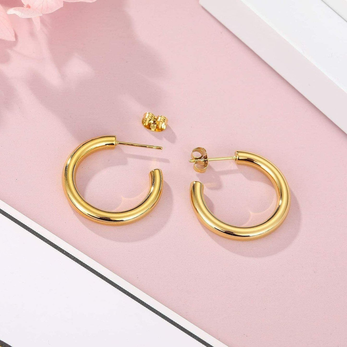 3CM Small Thick 14K Real Gold Plated Chunky Hypoallergenic Hoop Earrings 30MM