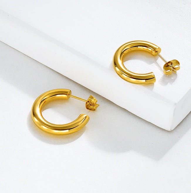 3CM Small Thick 14K Real Gold Plated Chunky Hypoallergenic Hoop Earrings 30MM