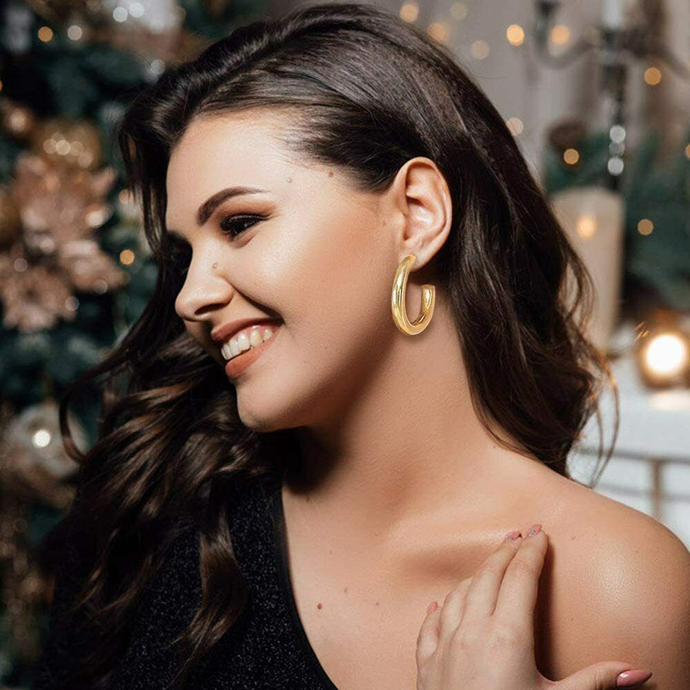 3CM Small Thick 14K Real Gold Plated Chunky Hypoallergenic Hoop Earrings 30MM